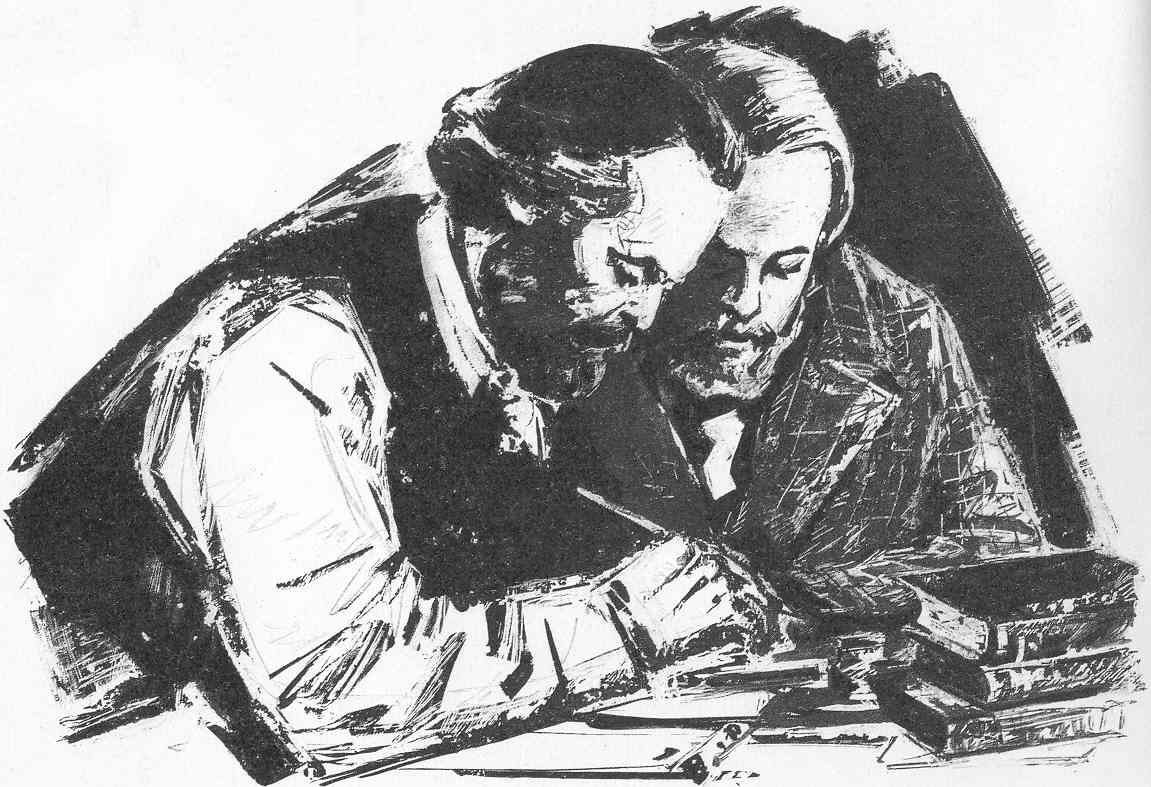Dessin représentant Karl Marx et Friedrich Engels travaillant ensemble